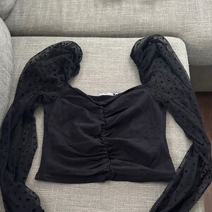Black Sheer Dot Sleeve Ruched Crop Top